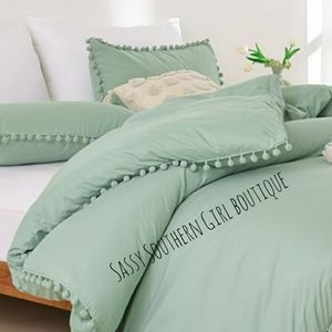 🆕⭐ Boho sage green pom pom comforter set
